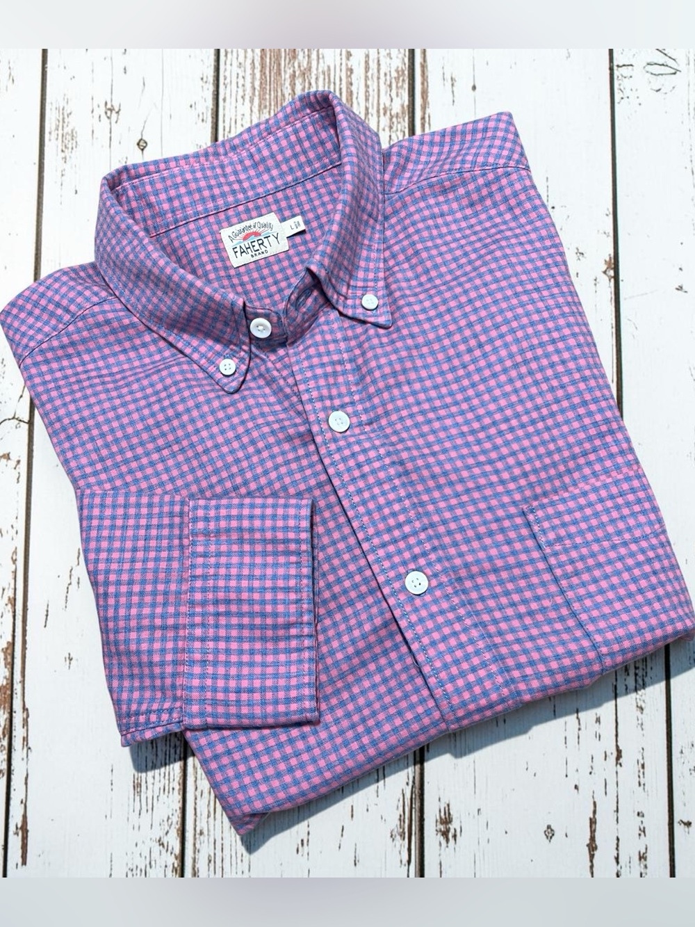 Share Faherty Cotton Shirt Blue Pink Gingham Check Large Button-up Preppy Coasta